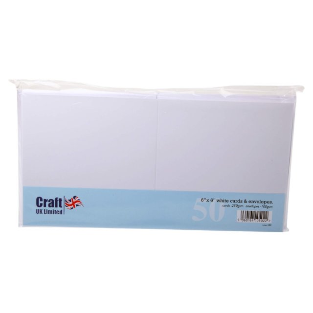 Craft UK - Cards & Envelopes, A4 Card Packs Craft UK 6 x 6 inch White Cards and Envelopes | Pack of 50