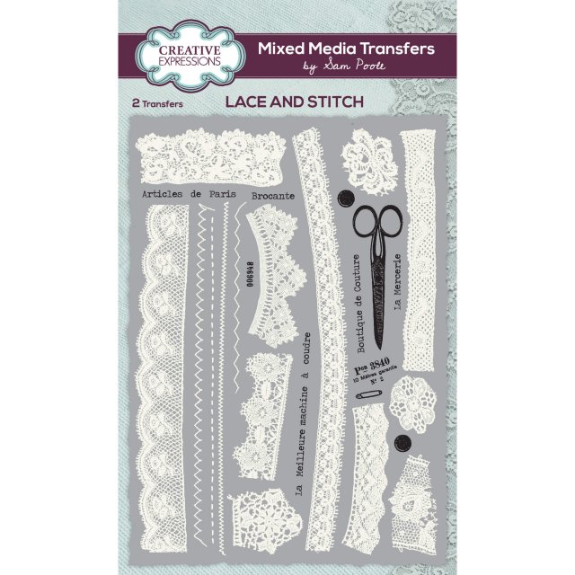 Sam Poole Creative Expressions Mixed Media Transfers by Sam Poole Lace and Stitch | 2 sheets