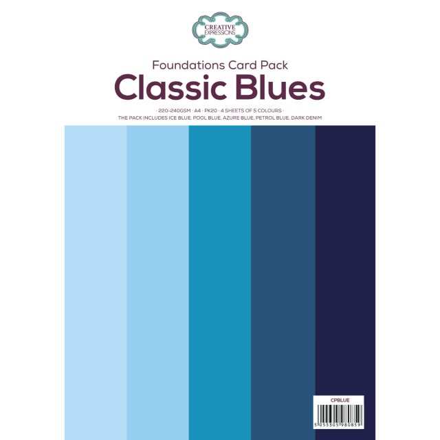 Creative Expressions Foundation A4 Card Pack Classic Blues | 20 sheets