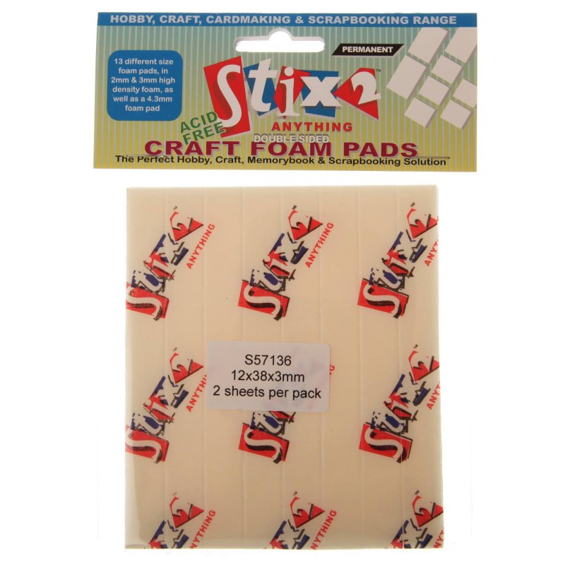 Stix2 Double Sided Craft Foam Pads 12mm x 38mm x 3mm | Pack of 48